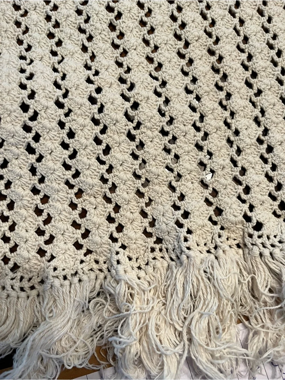 Handcrafted Cream Crochet Cotton Table Runner with Fringe Trim